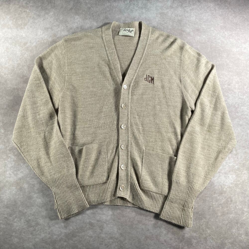 70s 80s Lord Jeff Made In USA Monogram Beige Wool Acrylic Cardigan Sweater